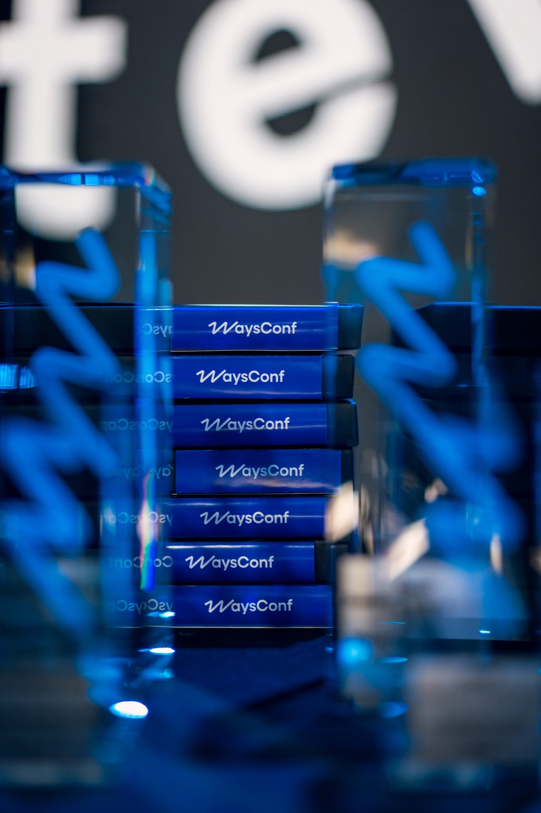 WaysConf awards statuettes stacked at the ceremony